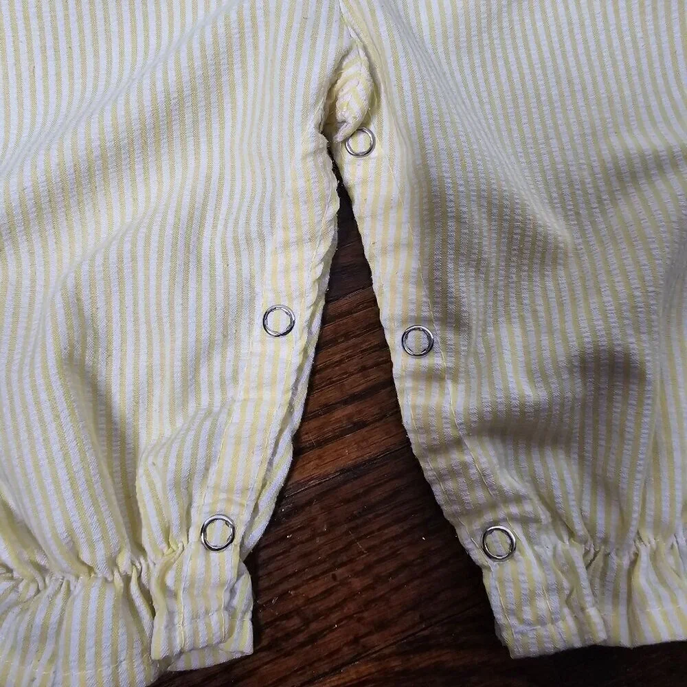 Vintage 80s 90s Pastel Yellow Striped Pink Heart Embroidery Baby Overalls